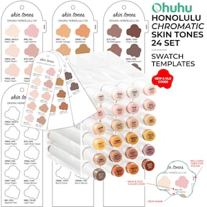 Peut inclure: Ensemble Ohuhu Honolulu 24 Chromatic Skin Tones comprenant des modèles d'échantillons et des marqueurs. Le kit inclut des organisateurs en plastique blanc, des cartes d'échantillons en papier avec noms et codes couleur, et des marqueurs.