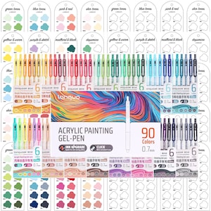 以下が含まれることがあります： 90色の水性アクリルゲルペンセット。各ペンは0.7mmのペン先で、色見本とともに表示されています。「Acrylic Painting Gel-Pen」と「Ink Upgrade」の文字が画像に表示されています。ペンは6本セットで配置されています。