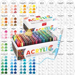 Könnte beinhalten: Ein großes Set mit 288 GuangNa Acrylmarkern in einer rechteckigen Schachtel mit buntem Branding. Das Set enthält eine große Auswahl an leuchtenden Tintenfarben, jeweils mit einer passenden Farbmusterkarte mit Beschriftungen wie light skin.