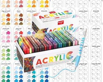 Peut inclure: Un grand ensemble de 288 marqueurs acryliques GuangNa dans une boîte rectangulaire avec une marque colorée. Le set comprend une grande variété de couleurs d'encre vives, chacune avec une carte d'échantillons correspondante avec des étiquettes.