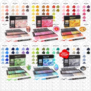 May include: Six sets of Nicety acrylic paint pens, each containing 32 markers in various colour palettes including skin, yellow, red, blue, green, and grey tones. Each set includes a black box, a colour swatch card, and a painted stone sample.