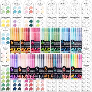 Op de afbeelding: Een verzameling acrylverfgelpennen in verschillende kleuren, gerangschikt in sets van zes. Elke set is verpakt in een zwarte doos met de merknaam "longuoz" en het nummer "6" prominent weergegeven. Kleurstalen zijn inbegrepen.