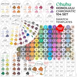Peut inclure: Modèles de nuanciers Ohuhu Honolulu 104 set avec une grille de marqueurs circulaires aux codes alphanumériques, un éventail de cartes en papier arquées avec des échantillons de couleurs et du texte incluant New & Old Codes et New Name.