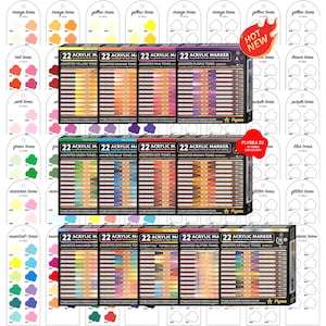 Puede incluir: Una colección de sets de marcadores acrílicos Flysea dispuestos en tres filas, con varias paletas de colores que incluyen tonos amarillos, naranjas, rosas, morados, verdes, azules, rojos, marrones, macaron, dopamina, esenciales y metálicos.