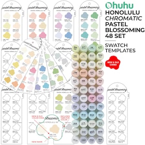 Peut inclure: Ensemble Ohuhu Honolulu Chromatic Pastel Blossoming 48. L'image présente un ensemble de marqueurs aux couleurs pastel avec des nuanciers. L'ensemble comprend des codes de couleurs nouveaux et anciens, avec le texte "Swatch Templates".