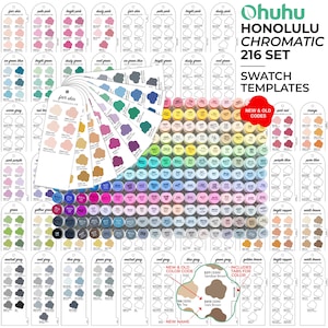 Puede incluir: Un conjunto de marcadores Ohuhu Honolulu Chromatic 216 Set con plantillas de muestras. La imagen muestra una variedad de colores, incluyendo rosas, verdes, azules y marrones. El conjunto incluye códigos de color nuevos y antiguos y pestañas para la combinación de colores.