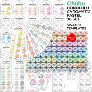 May include: Ohuhu Honolulu Chromatic Pastel 96 set swatch templates featuring a collection of colour-coded marker caps and printed paper sheets. The set includes various pastel shades, labelled with colour names and codes, organised in a grid and fan layout.