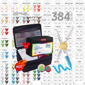 Puede incluir: Un set de marcadores acrílicos de la marca Languo con 384 colores en un estuche negro. El conjunto incluye numerosos marcadores organizados por tono, con un fondo de carta de colores que presenta formas de cabeza de Mickey y etiquetas de texto.