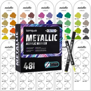 Puede incluir: Un juego de 48 rotuladores acrílicos metálicos "Languo" con doble punta suave/dura. La caja muestra "Metallic Acrylic Marker" en grande. Se exhiben muestras de color con tonos metálicos variados.