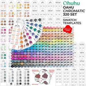 Peut inclure: Modèles de nuanciers Ohuhu Oahu Chromatic 320 set composés de cartes en papier blanc avec des noms et codes de couleurs imprimés. L'ensemble comprend un éventail et une grille d'échantillons de couleurs circulaires aux teintes variées.