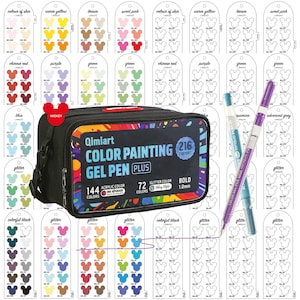 Könnte beinhalten: Eine schwarze Tasche für Qimiart Gelstifte mit einem Etikett für 216 Farben, darunter 144 Acryl- und 72 Glitzerfarben. Zwei Gelstifte in Blau und Lila liegen neben einer Farbtabelle mit Symbolen in der Form von Mickey-Köpfen.