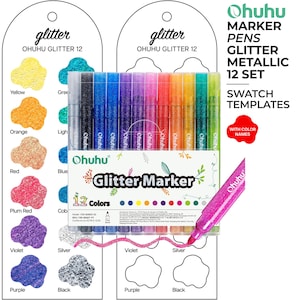 May include: A set of 12 Ohuhu glitter metallic marker pens with a clear plastic case. The set includes swatch templates with color names like yellow, orange, red, plum red, violet, purple, green, light blue, blue, cobalt, silver, and black.