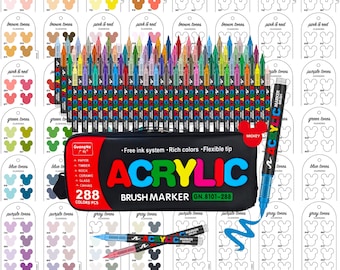 Campione di pennarelli acrilici GuangNa da 288 pezzi - Campione di pennarelli a pennello in PDF digitale, modello di campione di colore stampabile, download immediato
