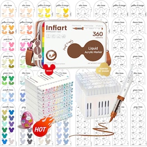May include: A set of 360 liquid acrylic markers by Infiart, featuring a white carrying case, two white plastic storage organisers, and a single brown marker. The set includes colour swatch cards with Mickey Mouse-shaped outlines and a small egg-shaped toy.