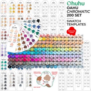 May include: Ohuhu Oahu Chromatic 200 set swatch templates featuring a fan-style colour chart with numerous labelled colour swatches, a grid of circular marker caps in a rainbow of colours, and instructional diagrams for new and old colour codes.