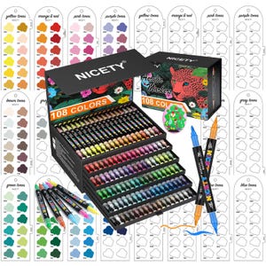 May include: A set of 108 acrylic markers in a black box with the brand name "NICETY". The box features a floral design and a leopard illustration. Color swatches are displayed around the box, showcasing the range of colors available.