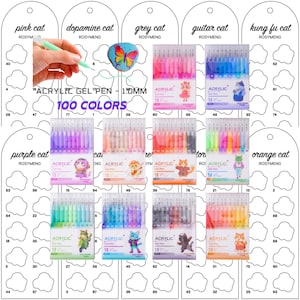 May include: A collection of acrylic gel pens in various colors, each labeled with a cat-themed design. The packaging displays the text "100 COLORS" and "ACRYLIC GEL PEN - 1.0MM". The pens are designed for art and creative projects.