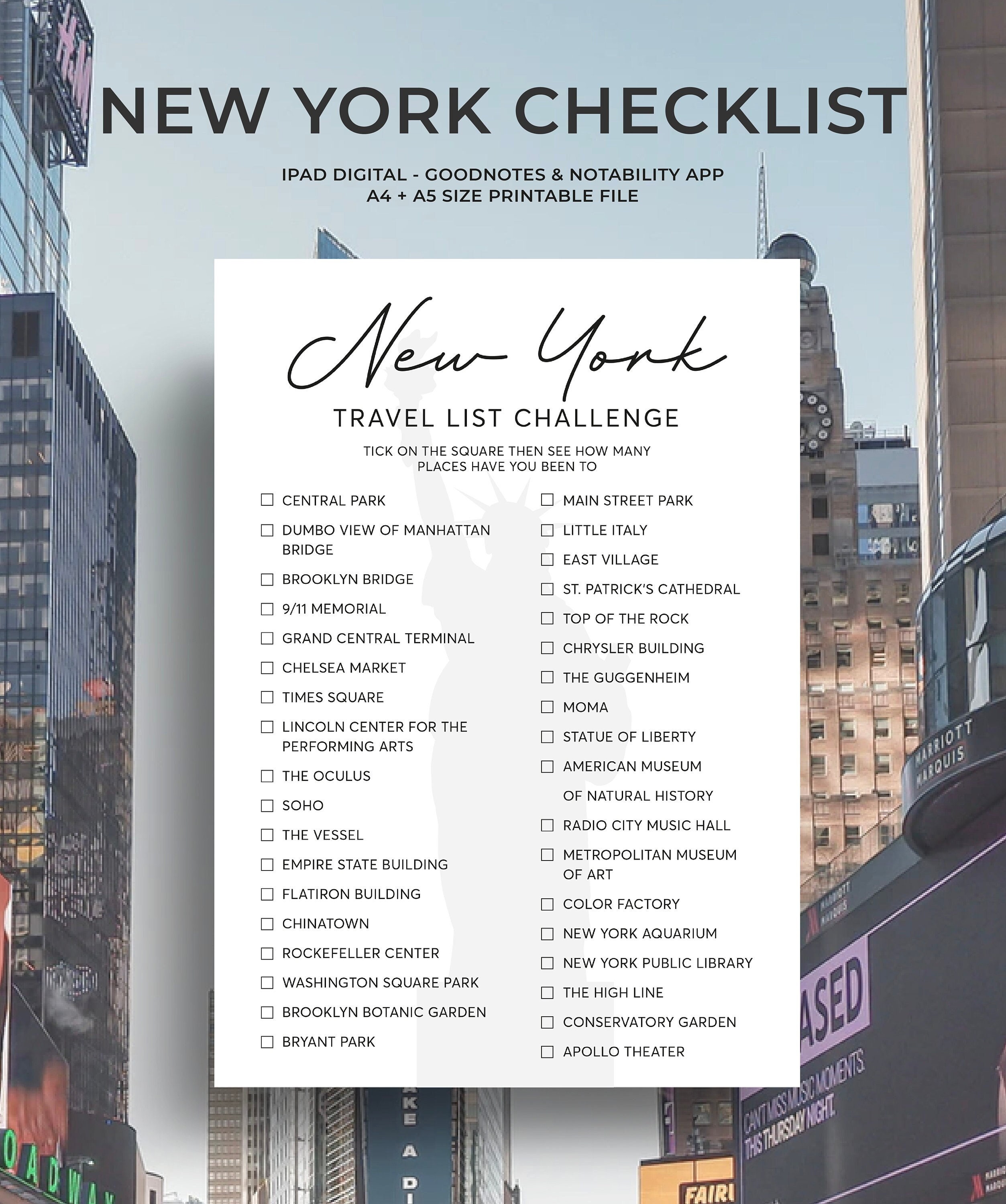 New York Travel Checklist & Travel List, Printable, New York Vacation