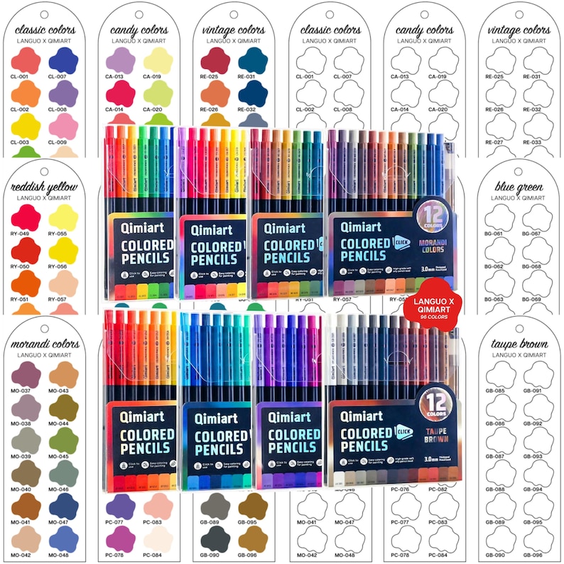May include: A collection of Qimiart colored pencils in various color palettes, including classic, candy, vintage, and morandi colors. Each box contains 12 pencils. Color swatches are displayed above the boxes.