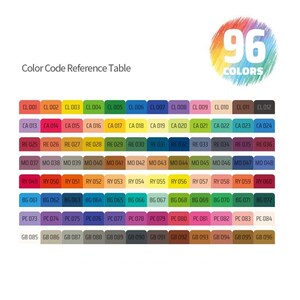 May include: Color Code Reference Table with 96 colors. The table displays color codes in rows and columns, with each cell containing a unique code. The color palette includes a wide range of hues, from reds and yellows to blues and greens.
