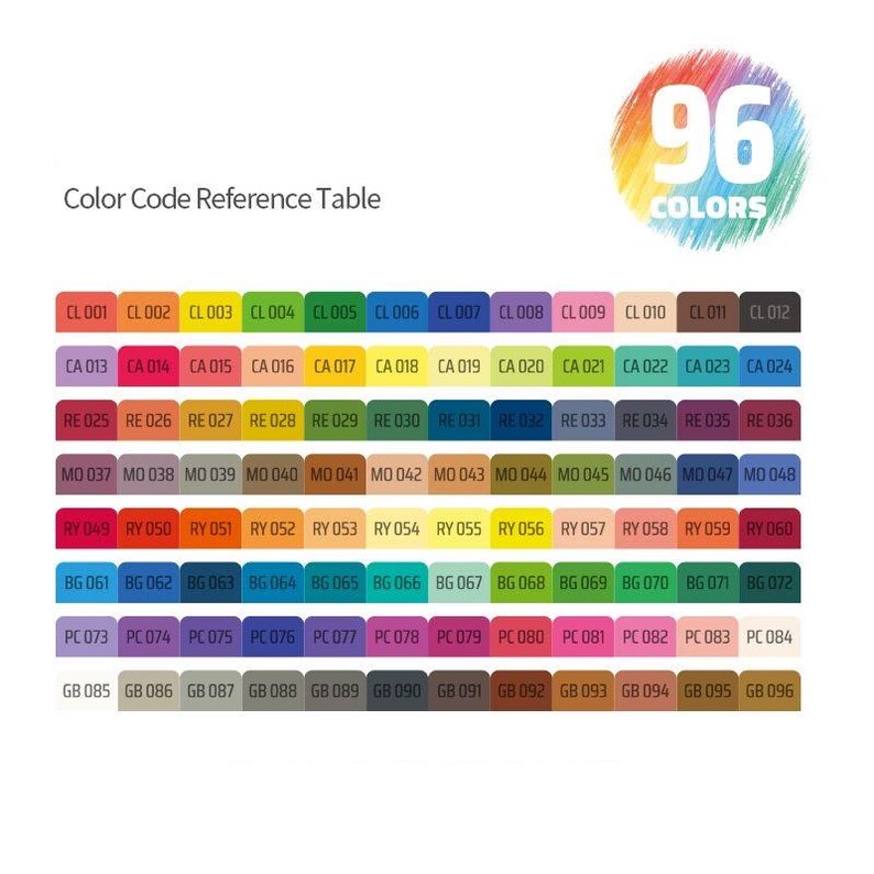 May include: Color Code Reference Table with 96 colors. The table displays color codes in rows and columns, with each cell containing a unique code. The color palette includes a wide range of hues, from reds and yellows to blues and greens.
