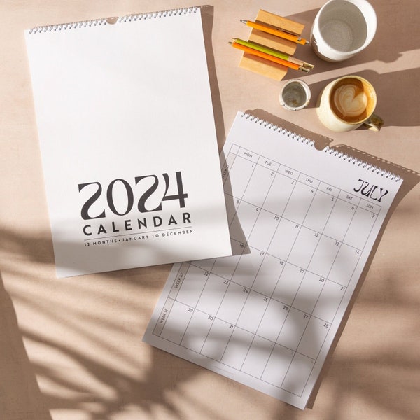 2024 Large Minimalist Calendar with week numbers | Black and White Planner| A3 Monthly Planner | Simply Neutral | Wall Hanging Calendar