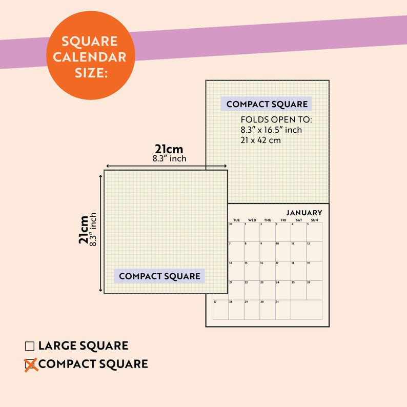 2027 Modernist Wall Calendar size guide, compact square 21cm