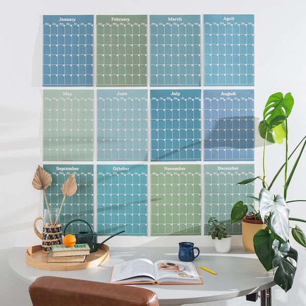 Large Monthly Wall Planner A3 Blues & Greens Wall Planner | 12 Individual pages | Perpetual Undated Wall Planner | Undated Wall Calendar