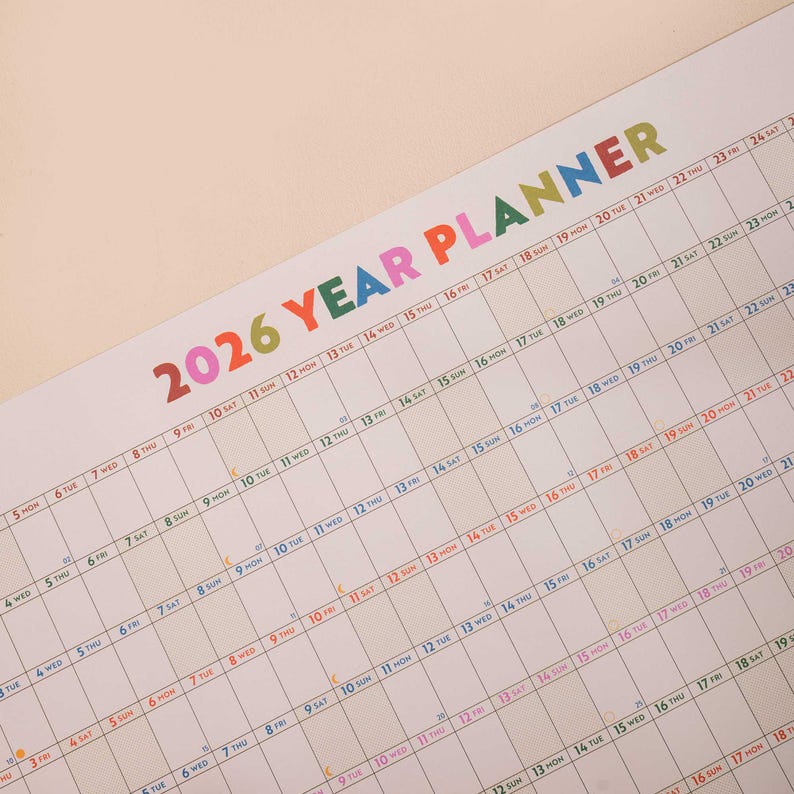 close up of 2026 wall planner showing highlighted weekends, moon phases, nd week numbers