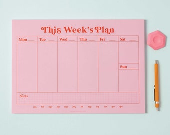 A4 Planificador semanal Pad Pink & Red Bold Desk Planner / Bloc de notas semanal / Planificador diario / Lista de tareas pendientes / Planificador magnético