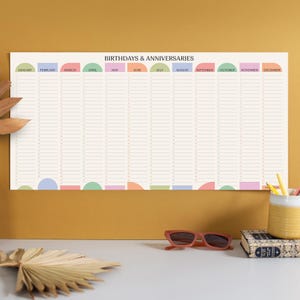 Wall Calendar - Undated | Birthday & Anniversary Calendar Wall Planner | Pastel Art Design | Year to View | Classroom Calendar