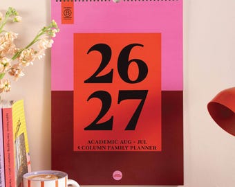 2026 - 2027 A3 Family Wall Calendar | Bold Block | 5 Column Academic Year Planner |  Pink and Burgundy  | Family Organiser