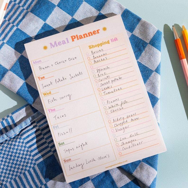 A5 Meal Planner and Shopping List. Colourful A5 Planner Pad. Ideal for planning a week of meals and preparing your shopping list.