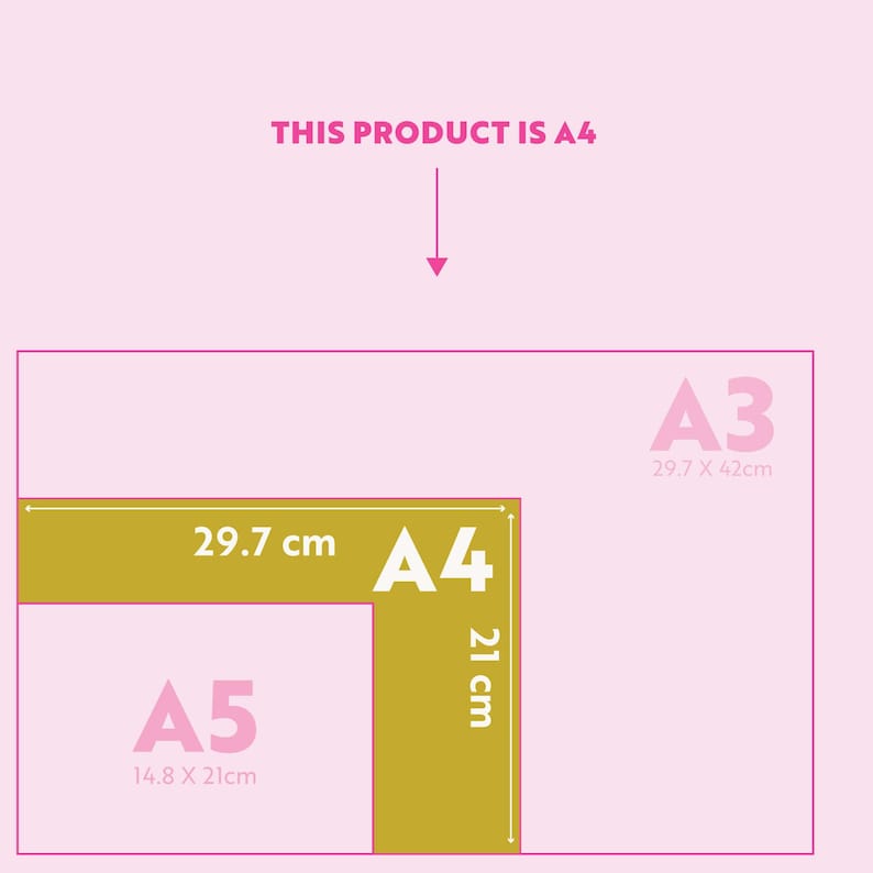 May include: Diagram showing the different sizes of paper, including A3, A4, and A5. The A4 paper is highlighted in gold and measures 29.7 cm by 21 cm. The A3 paper measures 29.7 cm by 42 cm. The A5 paper measures 14.8 cm by 21 cm.