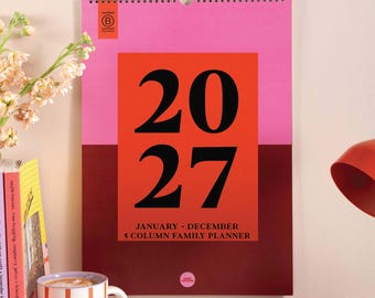 2027 Family Wall Planner Calendar | Bold Block | A3 | 5 Column Layout | Recycled Paper | Monthly View | UK Holidays | Colourful Organiser
