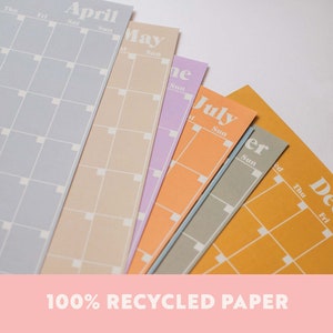 Undated A4 Wall Calendar - 12 separate monthly pages in a pastel colour palette. 100% Recycled Paper, Made in the UK.