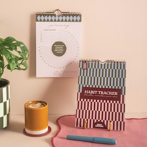 May include: Two habit tracker calendars, one hanging and one standing, with spiral binding. The hanging calendar is open to January, with a circular habit tracker design. A mug with a latte and a pen are also visible.