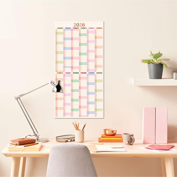 2026 Wall Planner | Compact Portrait Year Calendar | Bold Pastel Grid Design | Full Year at a Glance | Year to View | UK Printed