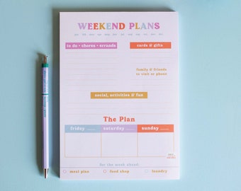 May include: A white printable planner with a pink, orange, and yellow colour scheme. The planner is titled "Weekend Plans" and includes sections for to-do lists, chores, errands, cards and gifts, family and friends, social activities, and a plan for Friday, Saturday, and Sunday. The planner also includes a section for meal planning, food shopping, and laundry.