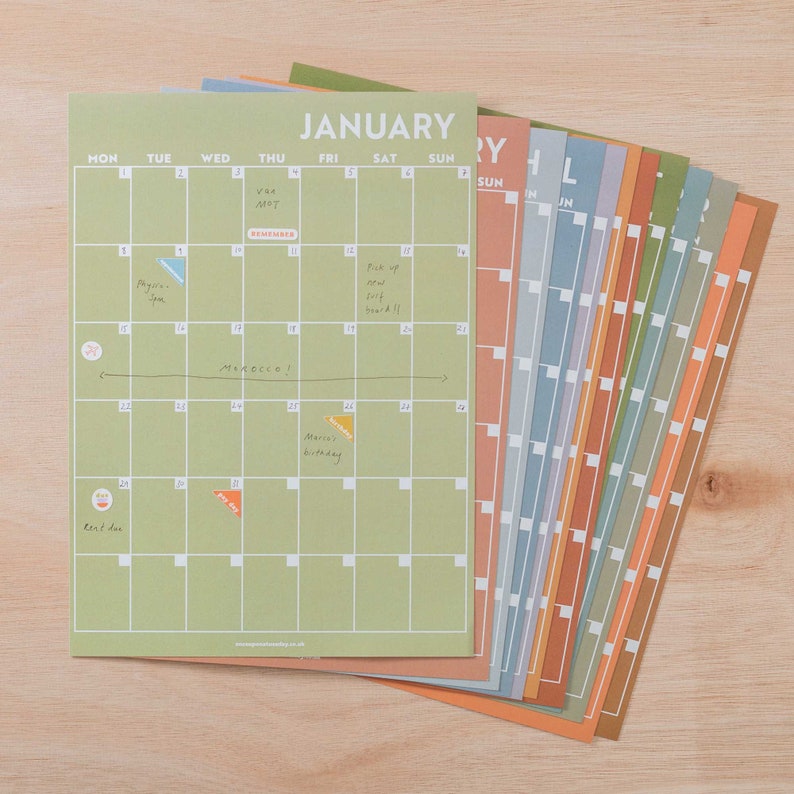 Compact Monthly Wall Planner Unbound Calendar A4 Wall Planner Individual Pages Undated Wall Calendar Surf Inspired Colours Boho image 6