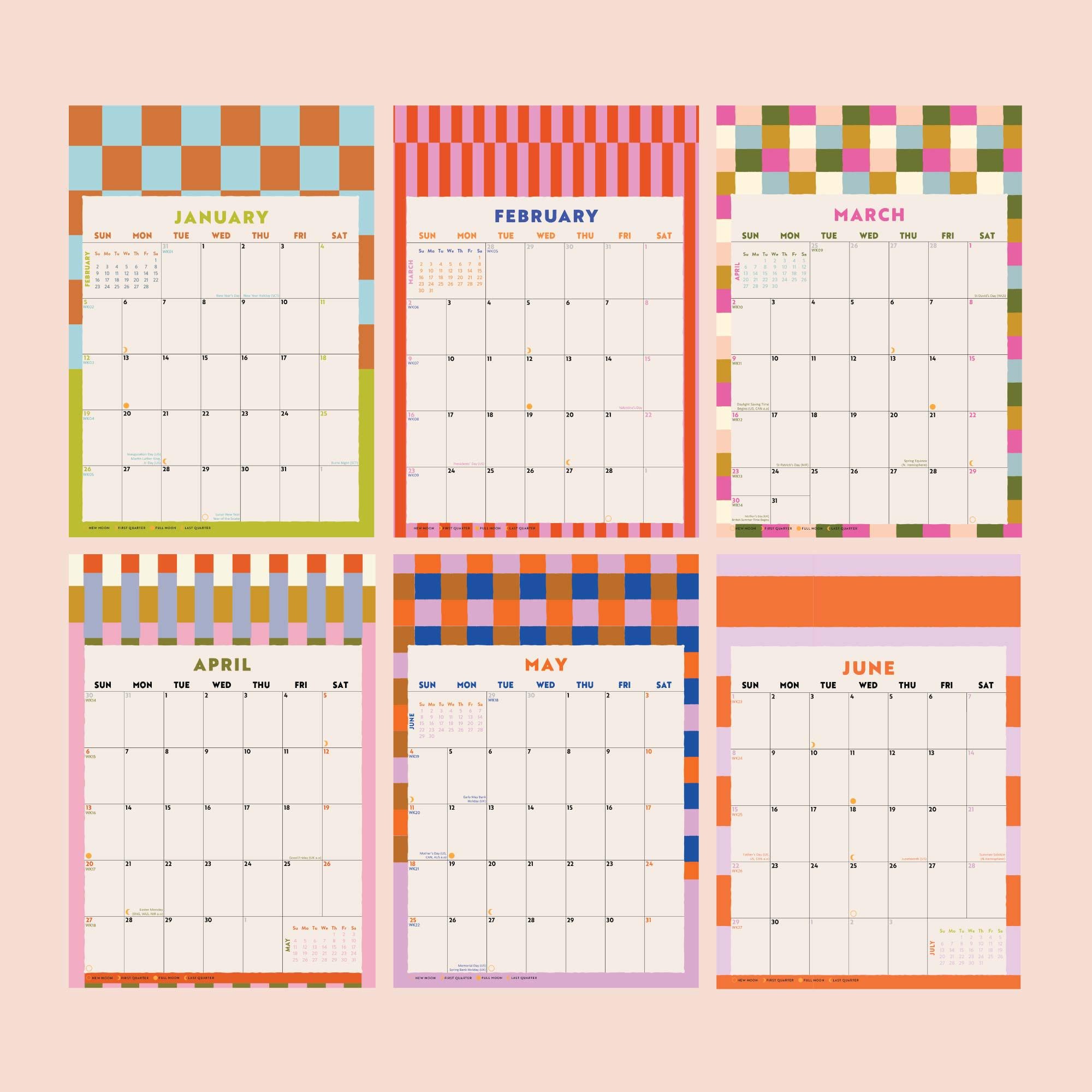 2025 Year Wall Calendar Checks & Strips | A4 Monthly Planner | Colourful Art Planner | 12 Month Hanging Calendar | Week Starts Sunday