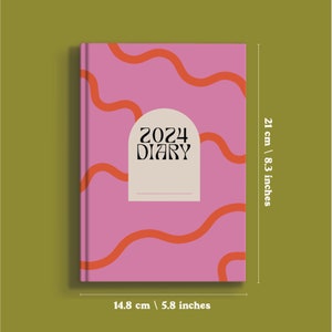 2024 diary. week to view. pink and red wiggle design. 100% recycled paper. made in the UK.