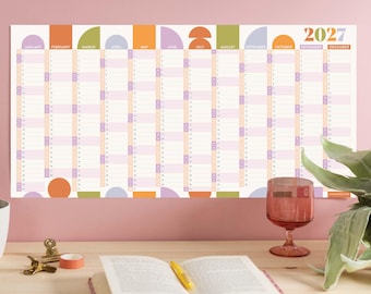 Planificador de pared para el año 2027 / Formato horizontal delgado / Diseño geométrico con salpicaduras de cítricos / Calendario anual minimalista / Vista general del año completo / Planificador compacto
