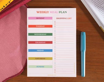 Blocco per la pianificazione dei pasti e la lista della spesa / Pianificatore settimanale dei pasti / Rosa e rosso / Blocco note A5 / Blocco per liste / Lista settimanale / Lista alimenti per il frigorifero / Magnetico