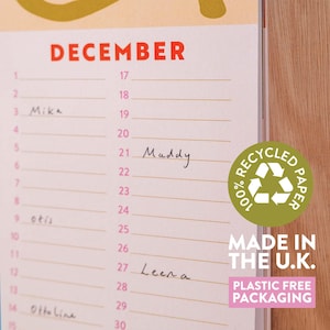 Perpetual birthday calendar, undated, floral illustrated planner. Eco-conscious calendar