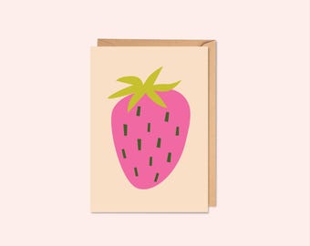 Tarjeta de fresa / Tarjeta de felicitación de papel reciclado / Bonita ilustración de fresa / A6 con sobre kraft / Interior en blanco
