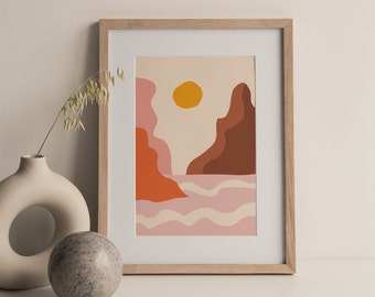 Berge Sonnenuntergang Ozean Poster | Galerie Wandkunst | Boho Wohndekor | Abstraktes Wüsten Kunstwerk | A4 A5 | Posterdruck