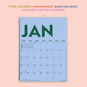 Calendario 2027 / Planificador de pared colgante / Diseño colorido / Calendario de 12 meses / Tamaño compacto A4 con cuadrícula para citas / Papel reciclado imagen 2