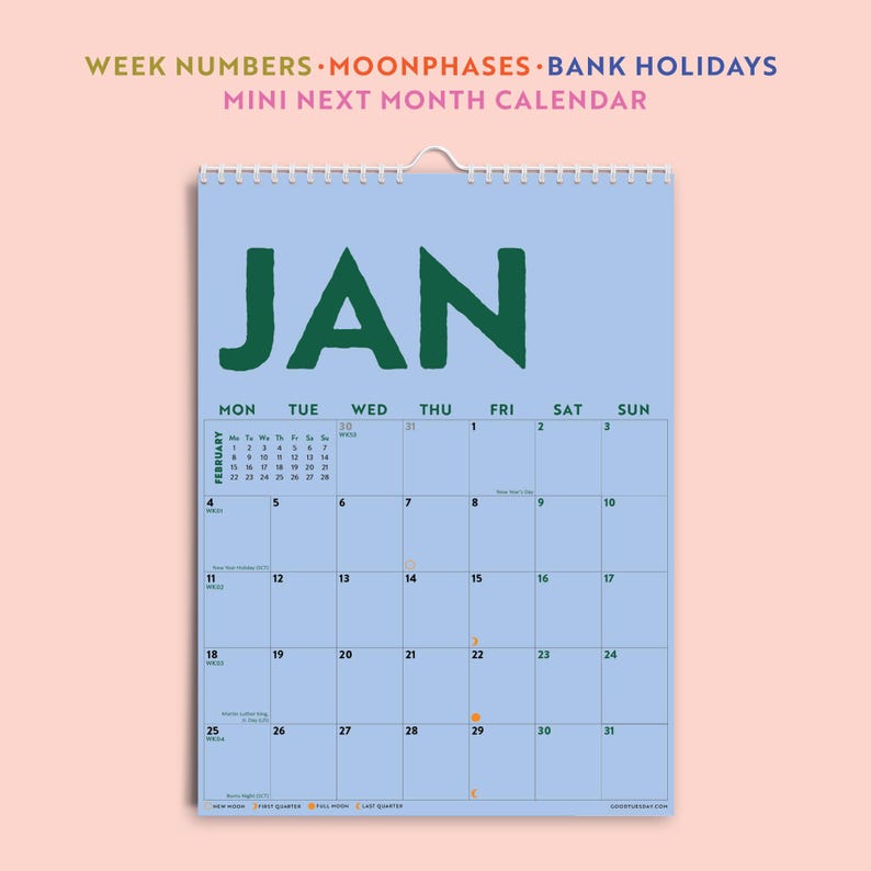 Calendario 2027 / Planificador de pared colgante / Diseño colorido / Calendario de 12 meses / Tamaño compacto A4 con cuadrícula para citas / Papel reciclado imagen 2