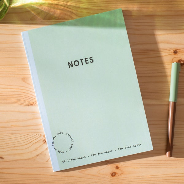 A5 Lined Notebook Mint Green | Ruled Journal | Recycled Paper | Daily Planner | Ruled Notebook | Eco